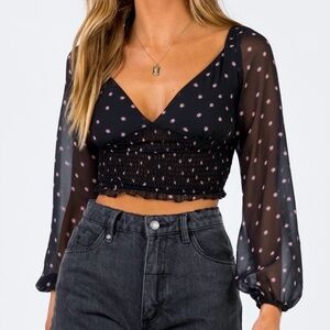 Princess Polly Black Floral Crop Top with Sheer Sleeves